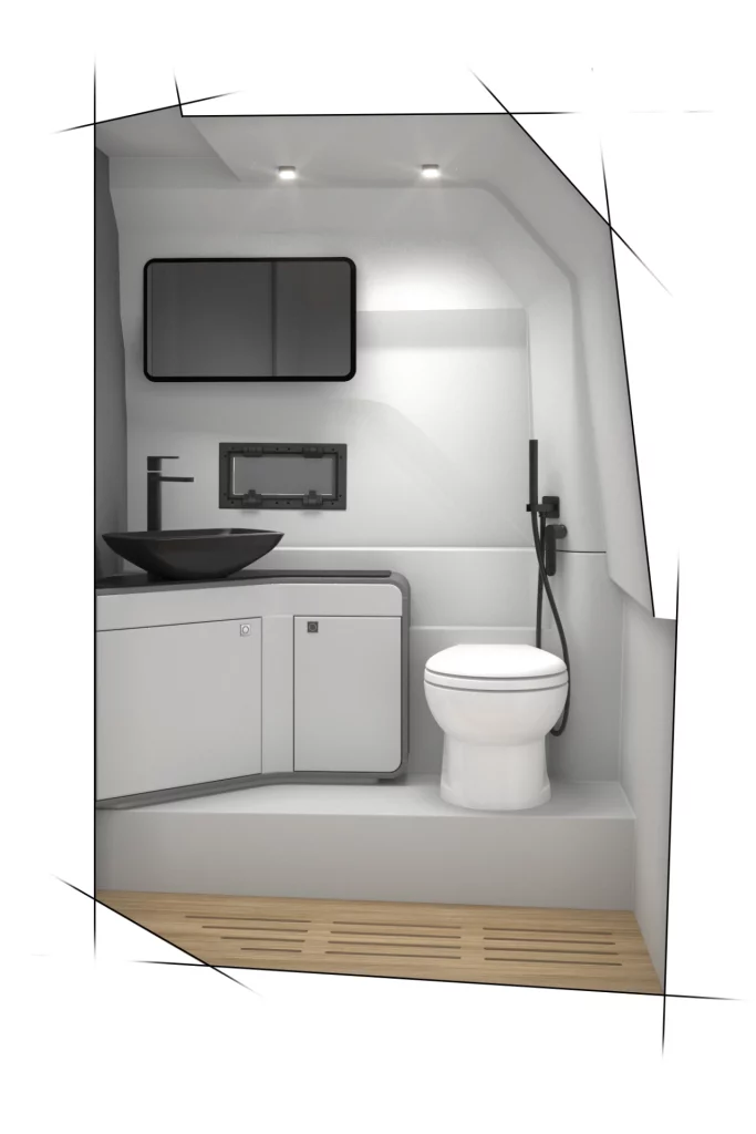 Bagno interno del Pirelli 44 di Pirelli Speedboats con lavabo, wc, doccetta e mobile contenitore.