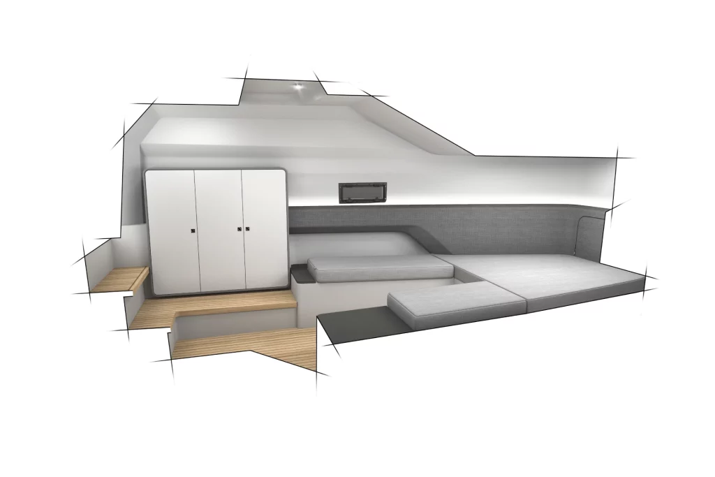 Rendering della dinette interna del Pirelli 44 con armadiatura, divani laterali e area living sottocoperta.
