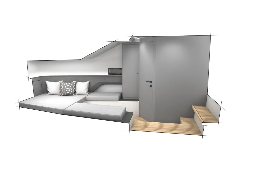 Rendering della lounge interna del Pirelli 44 con divano modulare, accesso al bagno e finiture moderne.