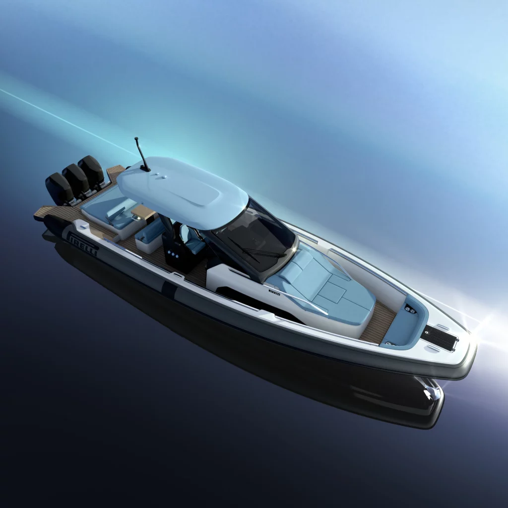 Vista aerea frontale del Pirelli 44 di Pirelli Speedboats con hard top, consolle centrale e prendisole di prua.