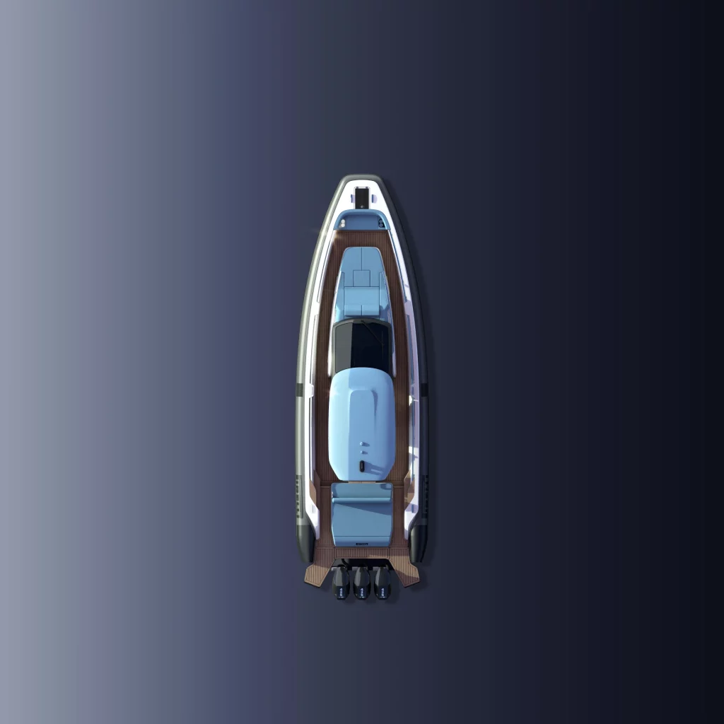 Vista dall’alto del Pirelli 44 di Pirelli Speedboats con layout esterno, hard top centrale, prendisole di poppa e area di prua.