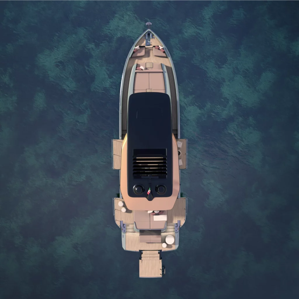 Vista aerea dall’alto del Cranchi A64 con coperta, hard top, aree prendisole a prua e poppa e piattaforma bagno.