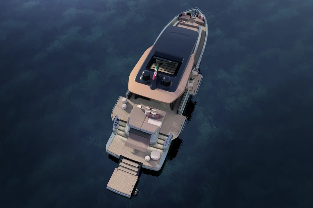 Vista aerea a tre quarti di poppa del Cranchi A64 con hard top, zona lounge esterna e ampia piattaforma bagno.